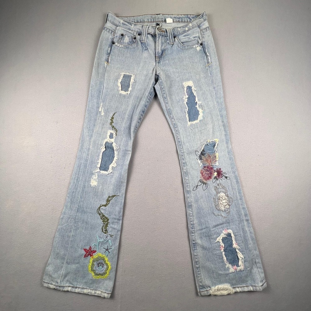 VTG Y2K Bebe Flare Jeans Womens 30" Waist Embroidered Distressed Patchwork Boho